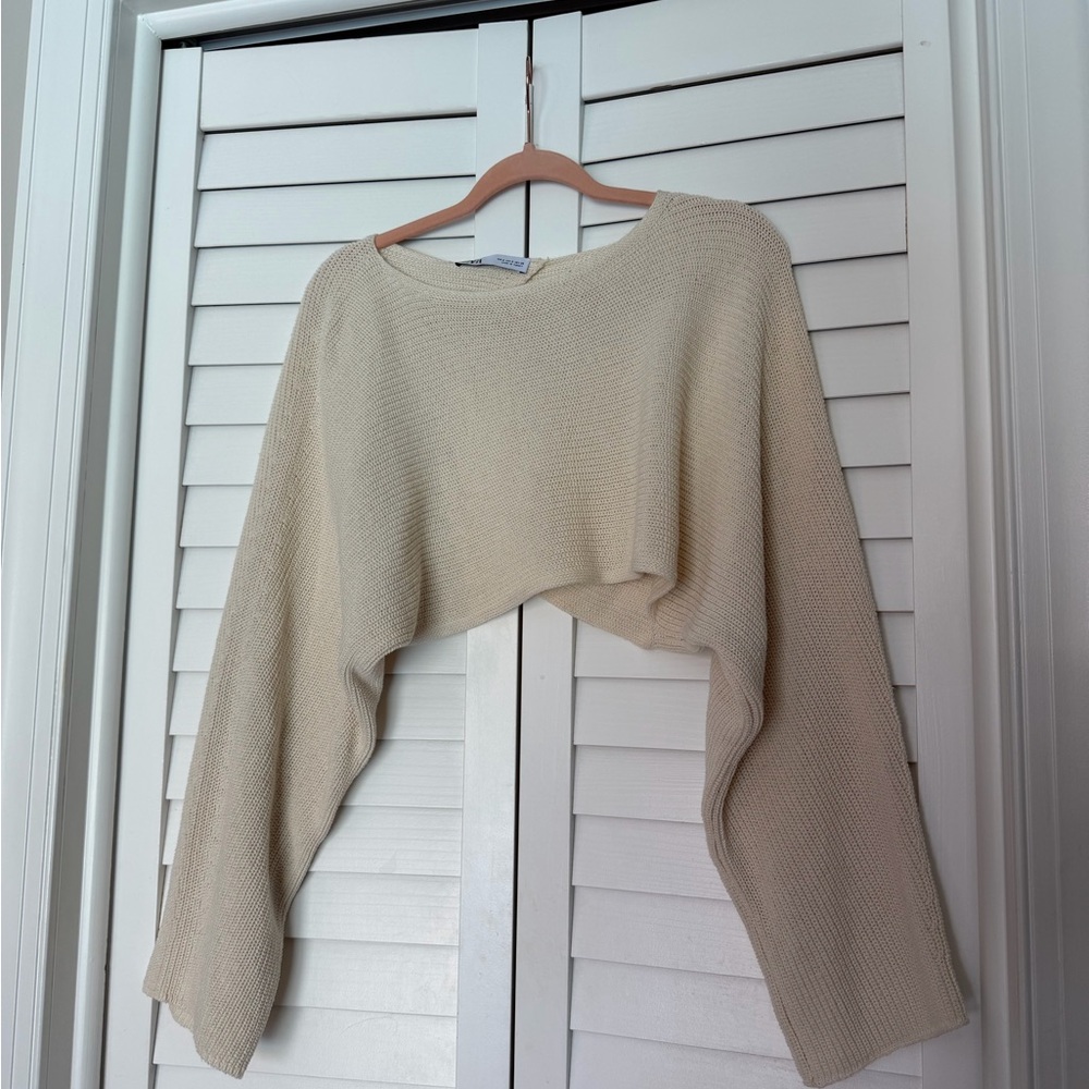 Zara Cropped Scoop-Neck Knit Sweater in Cream